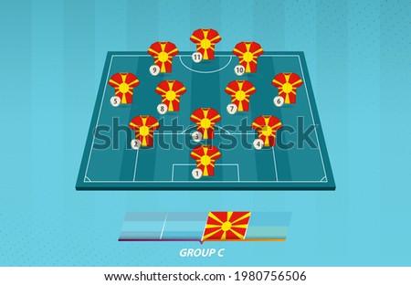 Football field with Macedonia team lineup for European competition. Soccer players on half football field.