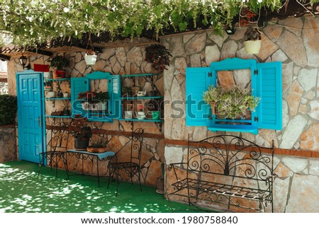 decorative facade of the old building created for the interior of the restaurant