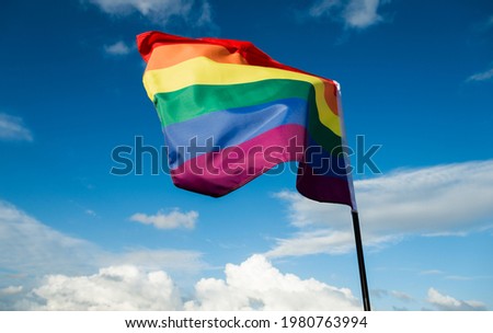 Rainbow flag waving on sky