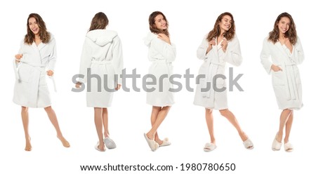 Woman wearing bathrobe on white background, collage. Banner design Royalty-Free Stock Photo #1980780650