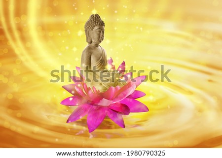 Beautiful composition with Buddha sculpture and lotus flower on water surface