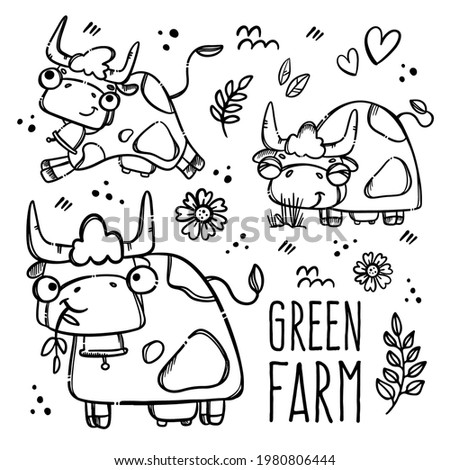 GREEN FARM MONOCHROME Cute Cows Hand-Drawn In Sketch Style Eat Grass And Leaves To Give Milk Cartoon Poster With Text Clip Art Vector Illustration Set For Print