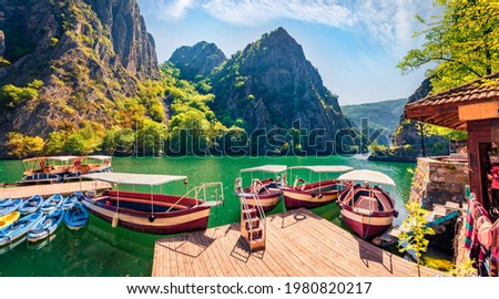Attractive spring view of popular tourist destination - Matka Canyon. Wonderful morning scene of North Macedonia, Europe. Traveling concept background. Royalty-Free Stock Photo #1980820217