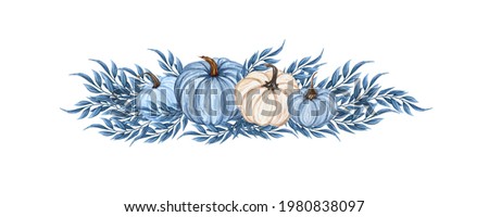 Watercolor blue pumpkin composition, floral pumpkins, Halloween clip art, autumn design elements, fall arrangement, Harvest clip art isolated on white background.