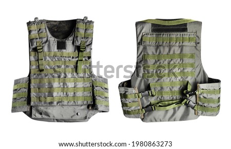 Isolated photo of khaki colored amor vest front and rear view on white background.