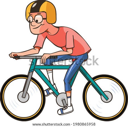 The boy riding his bicycle. Wearing a helmet.