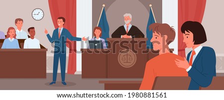 Court judgment, law justice concept vector illustration. Cartoon advocate lawyer or prosecutor character giving speech in front of judge, jury in courtroom, criminal defense public process background. Royalty-Free Stock Photo #1980881561