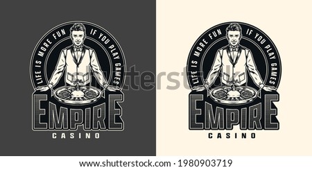 Gambling vintage monochrome print with smiling croupier in shirt bow tie and waistcoat standing near casino roulette wheel isolated vector illustration