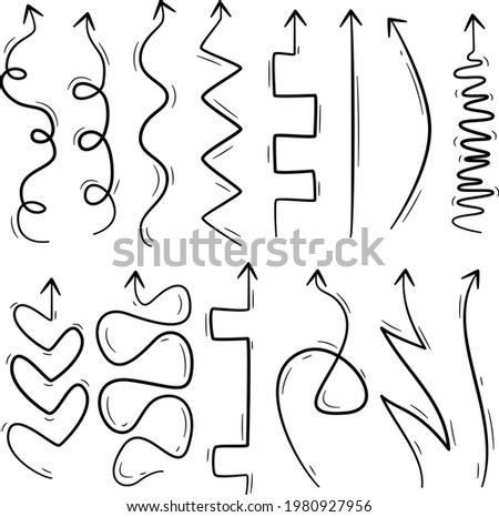 Hand drawn arrows set. Doodle elements collection. Curve arrow sketch. Down, up, right and left direction. Twist, swirl arrow. Sketchy scribble design. Pointer arrows. Vector isolated illustration.