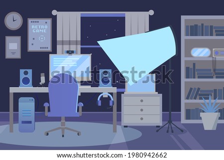 Gamer room ,modern technology . Workplace for streaming. Cyberspace place player sitting and play video game. Equipment headphones, webcam,keyboard.M crophone,controller,armchair. Vector illustration