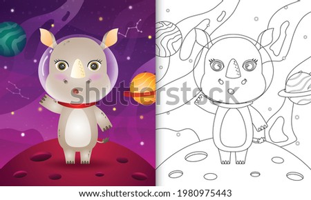 coloring book for kids with a cute rhino in the space galaxy