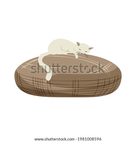Flat icon with white cat sleeping on soft cushion vector illustration