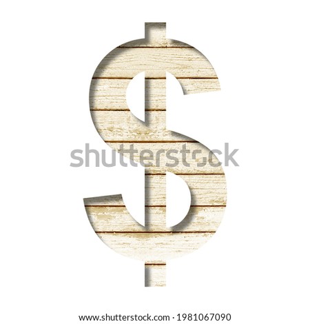 Plank wall font. Dollar money business symbol cut out of paper on a old plank wall with faded paint. Set of decorative fonts on wood.
