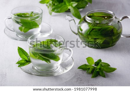  Iced mint tea, refreshing herbal drink in a glass with ice and fresh leaves on dark background