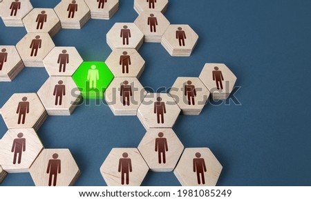 Green man is connecting link of groups of people. A key essential employee. Irreplaceable valuable employee. Specialist and professional. Experience, communication leadership skills. Useful contacts. Royalty-Free Stock Photo #1981085249