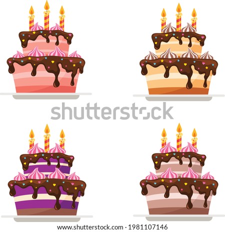 Cartoon Birthday cakes with Сhocolate, Strawberry, Blueberry. Vector illustration 
