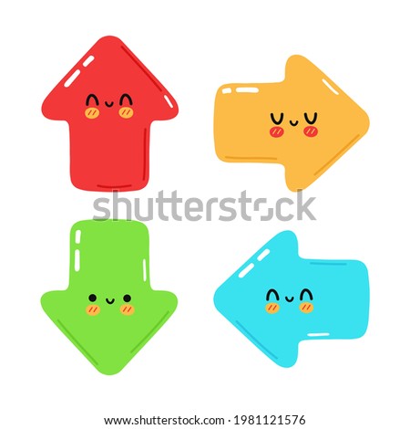 Funny cute happy arrows,baby face,kawaii characters bundle set. Vector child kawaii flat cartoon style illustration.Cute arrows mascot character set,child,group,education baby kids collection concept Royalty-Free Stock Photo #1981121576