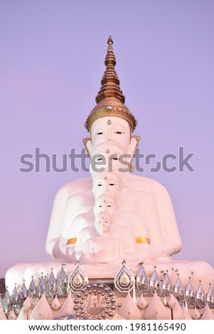 Purple tone of regeneration Buddha statue and Thailand temple in the morning close up