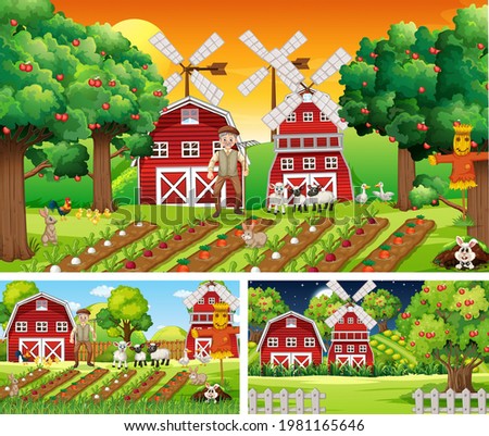 Set of farm scenes at different times illustration