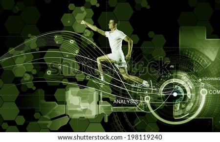 Young running man against digital media background