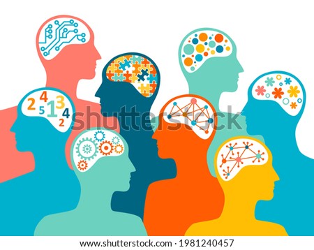 Concept of the diversity of talents and skills, with people profiles associated with different brains. Puzzle head. Symbol of autism