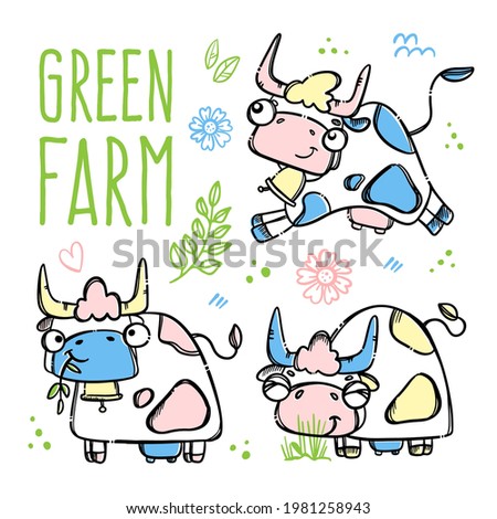 GREEN FARM Cute Cows Hand-Drawn In Sketch Style Runs To Farm And Eats Grass To Give Her Milk Cartoon Poster With Text Clip Art Vector Illustration Set For Print