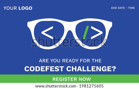 CodeFest, Annual coding festival. Codefest banner for social media. Hackathon, marathon, problem-solving event. Glasses, spectacles, optical frames showing coding challenges Vector illustration banner
