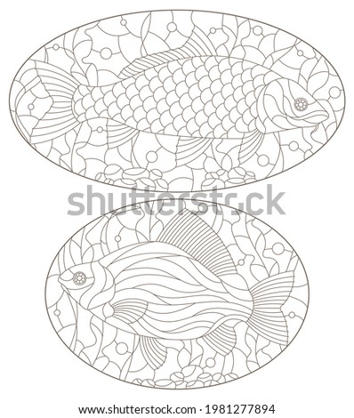 A set of contour illustrations in the stained glass style with carp fishes on a background of algae, dark contours on a white background, oval images