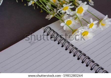 Flowers and an open blank notebook on a gray background. Small field daisies on top of the blank notepad pages. Side view at an angle.