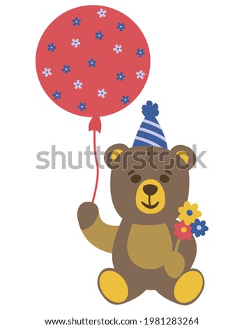 Cute hand-drawn bear with a balloon. White background, isolate. Vector illustration. Boho style.	