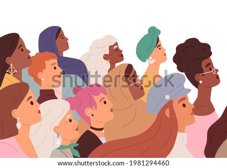 Women diversity, woman power, sisterhood, and feminism movement concept. Crowd profile of strong diverse multiracial females. Colored flat vector illustration of feminists isolated on white background Royalty-Free Stock Photo #1981294460