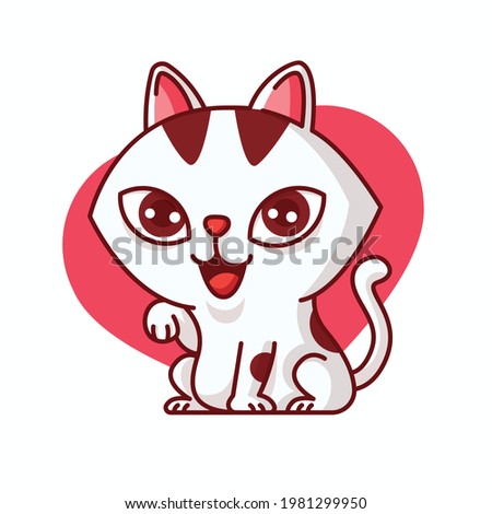 Cartoon cute adorable white female cat paw up with smile on love shape background vector mascot