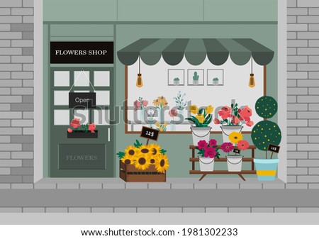Flowers shop facade. Architect, florist topic . Vector illustration Royalty-Free Stock Photo #1981302233