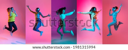 Collage of young beautiful girls jumping isolated on multi colored background in neon. Flyer