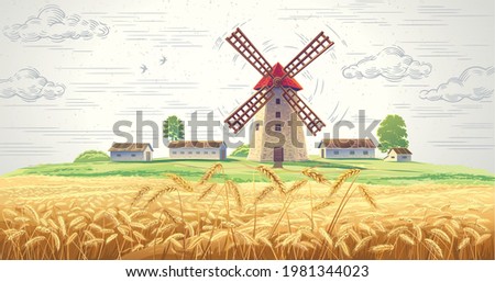Landscape with mill and with rural buildings and with ears of wheat in the foreground. Royalty-Free Stock Photo #1981344023