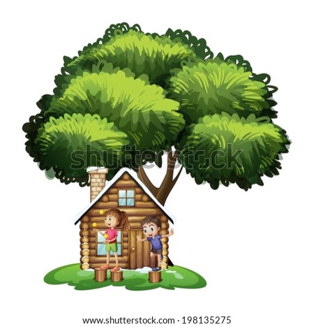 Illustration of the kids playing outside the house under the tree on a white background