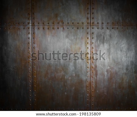 threadbare rusty  steel covering with rivet,  iron background