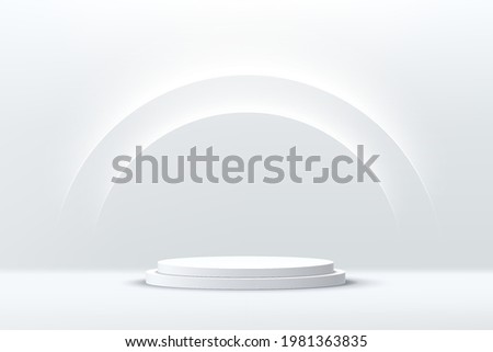 Abstract shine silver cylinder pedestal podium. Sci-fi white empty room concept with semi circle glowing neon lighting. Vector rendering 3d shape, Product display presentation. Futuristic wall scene. Royalty-Free Stock Photo #1981363835