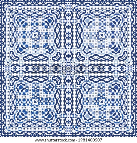 Ornamental azulejo portugal tiles decor. Colored design. Vector seamless pattern arabesque. Blue gorgeous flower folk print for linens, smartphone cases, scrapbooking, bags or T-shirts.