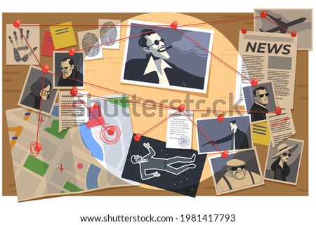 Detective board with pins and evidence, crime investigation fingerprints, photos of suspected criminals, crime scenes, map, and clues connected by red string. Cartoon vector illustration. Royalty-Free Stock Photo #1981417793