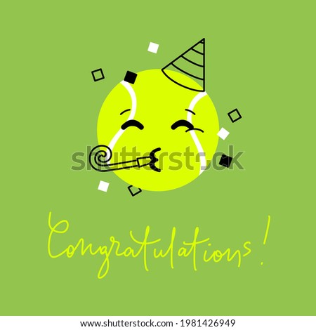 Tennis greeting card -  smiling face and congratulations lettering. Vector illustration.