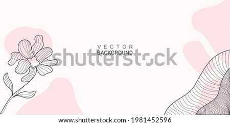 Minimalist abstract background with outline plant, flower and leaves