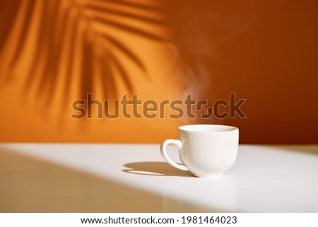Close-up of coffee cup on table at direct sunlight. Morning coffee with steam in white cup. Royalty-Free Stock Photo #1981464023