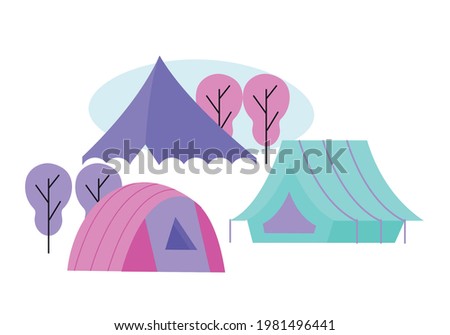 Campsite flat icon with trees and colorful tents vector illustration