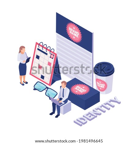 Brand name creating identity isometric icon with various 3d objects on white background vector illustration
