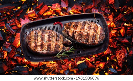 Two grilled salmon steaks on bbq grate over hot pieces of coals. Top view.