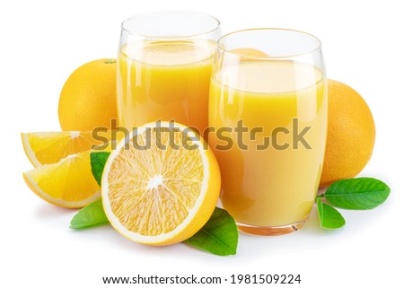 Yellow orange fruits and two glasses of fresh orange juice isolated on white background.