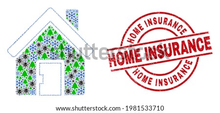 Winter pandemic collage home, and Home Insurance red round seal. Collage home is done with Covid-2019, fir tree, and snow symbols. Red Home Insurance seal uses circles and lines.