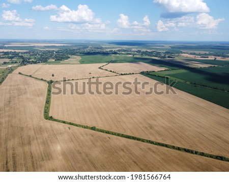Beautiful agricultural landscape, open field with blue sky and white clouds. Farmfields from a bird's eye view.