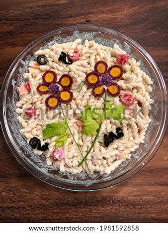 Vegetable flower decorated pasta salad